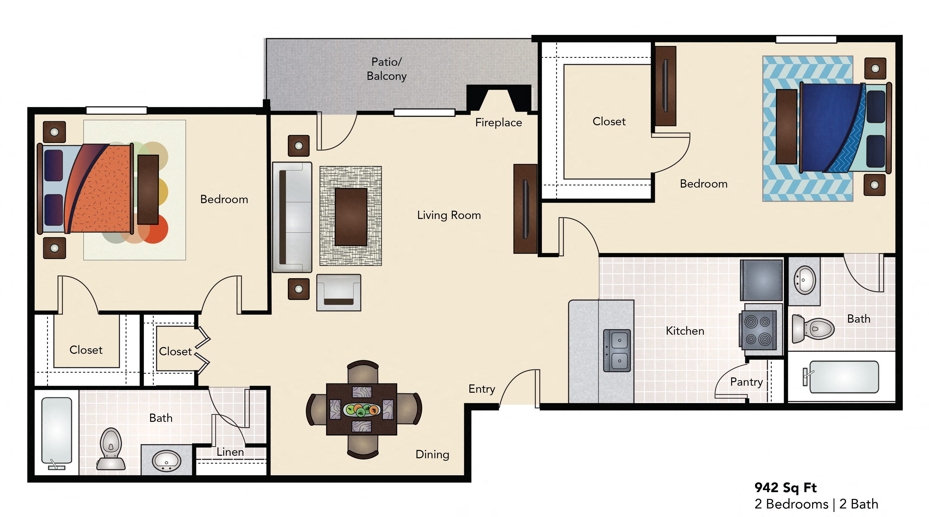 Floor plan for 2 beds, 2 baths, 941 sqft
